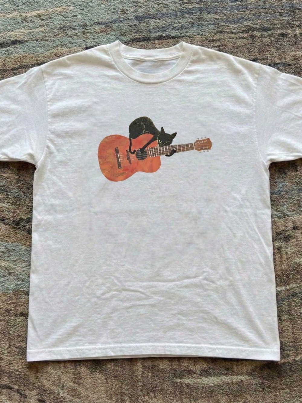Gildan White Tee with Black Cat on Orange Guitar Graphic